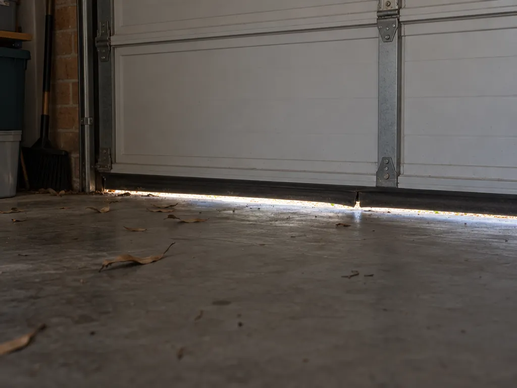 Inside a dim garage, a thin line of daylight shows under a closed white panel-lift door where its black rubber bottom seal is flattened and split, with dry eucalypt leaves on the concrete floor.