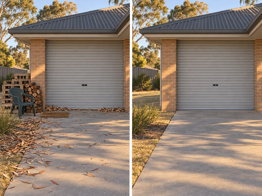 Before and after of the same closed roller garage door on a brick house. Before: a coir doormat, a plastic chair, timber pallets, stacked firewood and dry eucalypt leaves at the door and along the driveway. After: the threshold and driveway edge swept bare.
