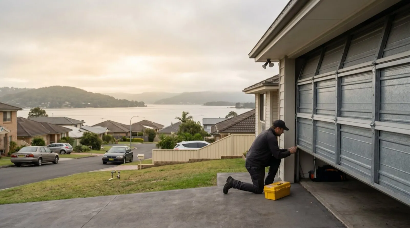 A garage-door technician servicing a sectional door on a Gosford house driveway, with Brisbane Water and the hills behind