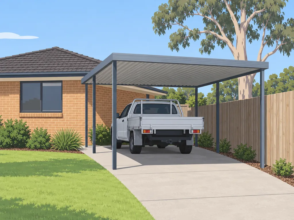 Illustration of an open steel carport with a ute parked under it, beside a timber paling fence and a brick house