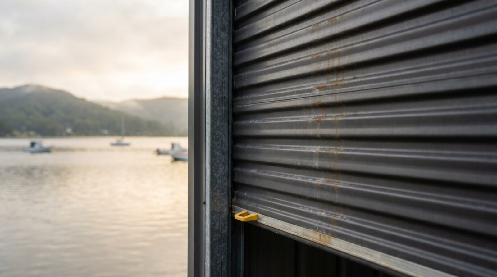 A weathered roller-door curtain with rust streaks on a Point Frederick garage near Brisbane Water