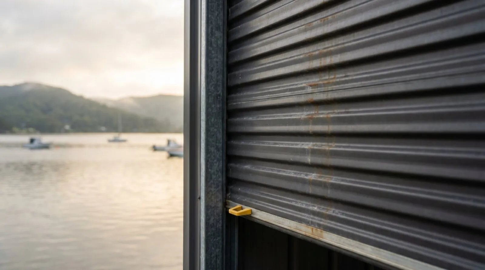 A weathered roller-door curtain with rust streaks on a Point Frederick garage near Brisbane Water