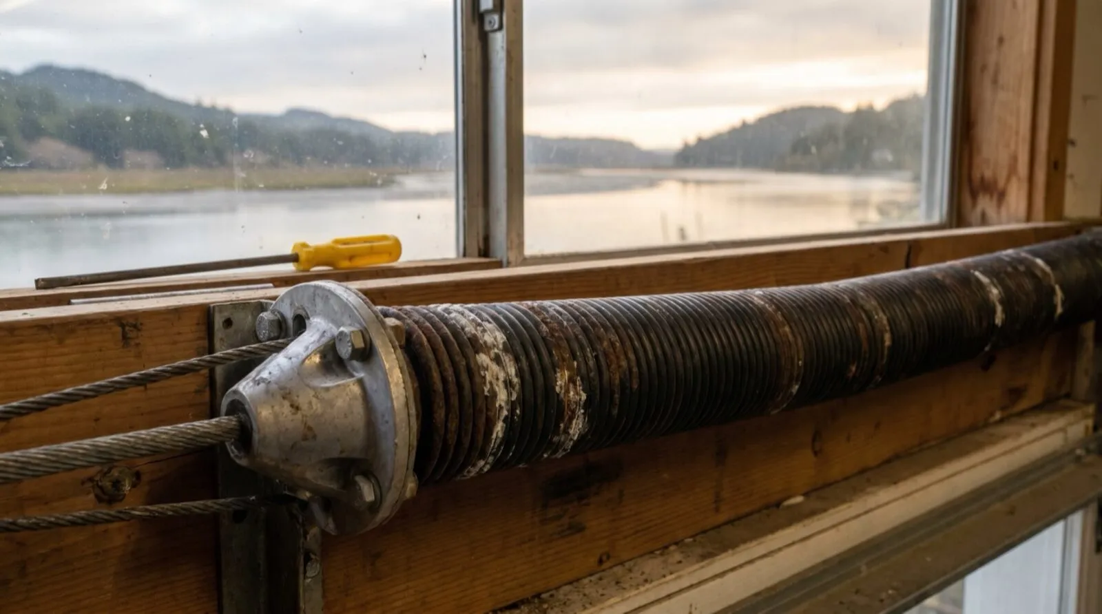 A garage-door torsion spring and cables showing surface corrosion from coastal air