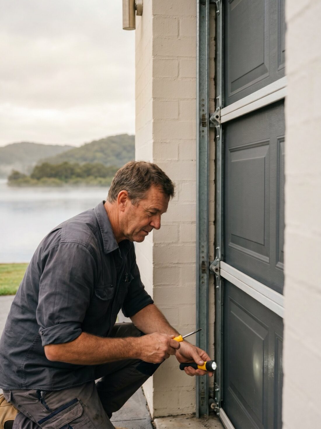 A garage-door technician working at the base of a door at a Gosford home