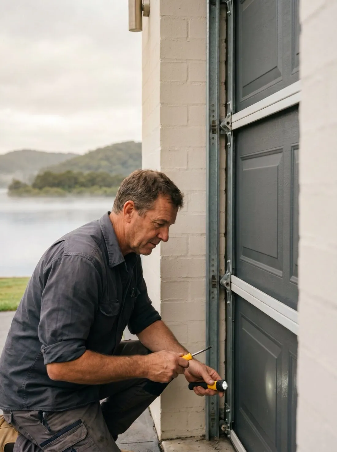 A technician checking a garage-door opener and track at a Gosford home