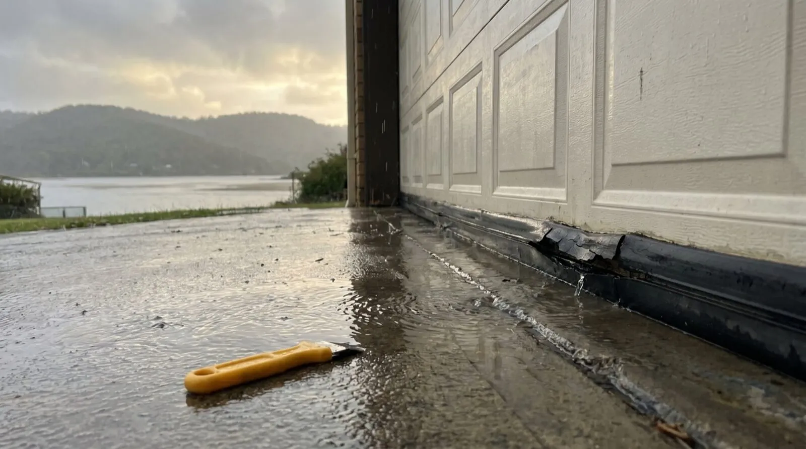 Water pooling against a garage-door bottom seal on a wet Gosford driveway during rain