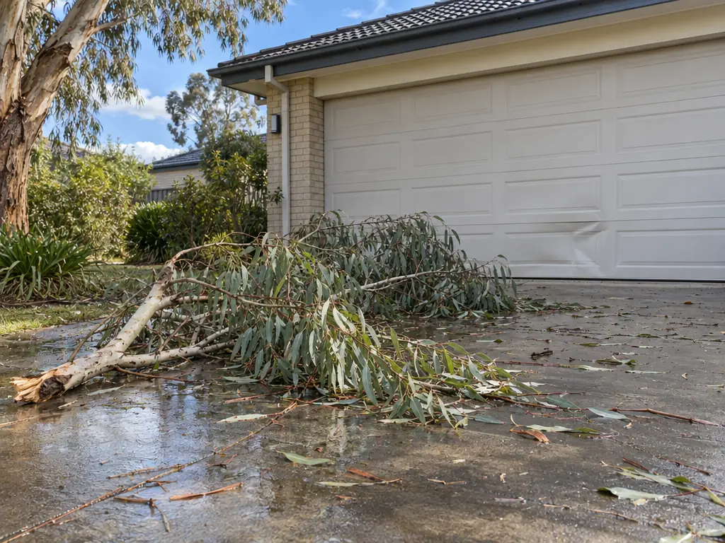A wet suburban concrete driveway under a clearing sky, a pale sectional garage door with a dent in its lower panel, and a broken eucalyptus branch lying across the driveway with leaves and twigs scattered around.