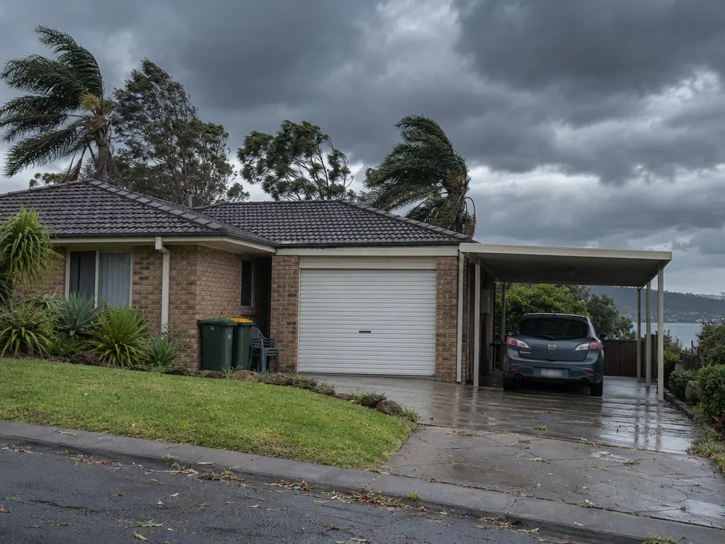 A single-storey brick home on a Central Coast street under heavy, darkening cloud, its white roller garage door closed, two wheelie bins wheeled in against the side wall, outdoor chairs tucked under the eaves and a hatchback parked under a solid carport roof, with trees bending in the wind.